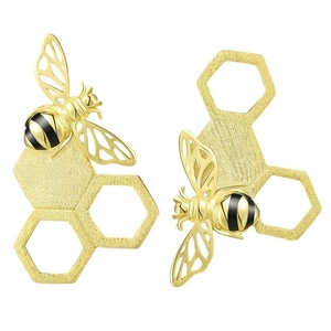 Artisan S925 silver honeycomb and bee stud earrings with gold finish and black stripes