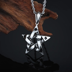 Hip hop style silver stainless steel pentagram star pendant necklace with twist chain