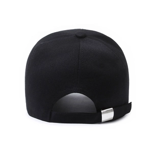 Rear view of classic black baseball cap with adjustable silver metal buckle and strap