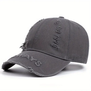 Macro shot of distressed charcoal grey baseball cap with ALWAYS 3D embroidery detail