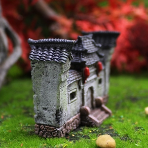 Miniature Chinese ancient gate figurine with grey walls and red lanterns for garden bonsai