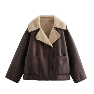 Vintage dark brown faux leather jacket with cream faux shearling collar and button detail