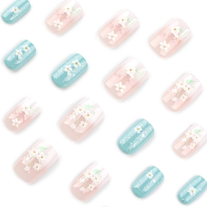 3D floral white gradient press-on nails with sweet pink and glitter blue square nail tips