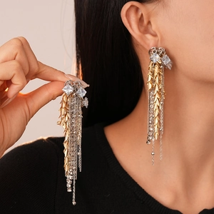 Wheat Ear Leaf Long Tassel Drop Earrings Alloy Rhinestone With Silver Earring Post Contrast Color Fashion Jewelry For Women