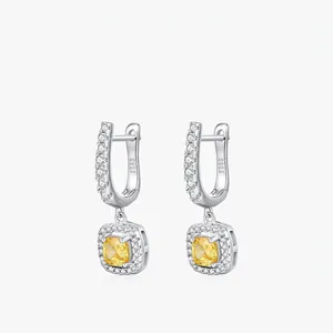 925 Sterling Silver Drop Earrings With Yellow Square Cushion Cut Cubic Zirconia Pave White Zircon For Women Elegant Jewelry