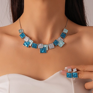 Geometric Square Necklace Earring Jewelry Alloy Enamel Colorful Textured Pendant Accessories Bohemian Women