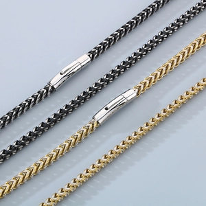 Fashion keel chain necklaces in silver, black and gold finishes with matte clasp closure