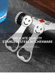 Flat stainless steel bottle opener with smiley face design on a beer bottle
