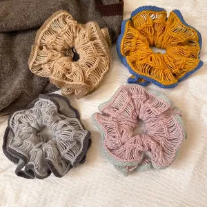 Knitted Wool Yarn Scrunchie Elegant Hollow Crochet Floral Large Hair Ring Elastic Ponytail Holder For Women