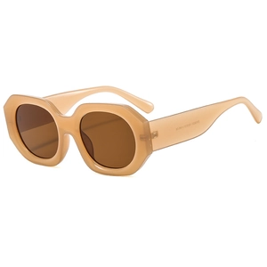 Retro geometric polygon sunglasses with nude acetate frames and dark brown lenses