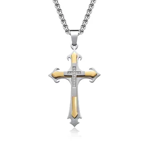 Cross Pendant Necklace Stainless Steel Rhinestone Inlaid Multi Layer Retro Religious Jewelry For Men Boys Trendy Style
