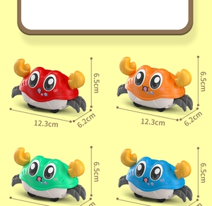 Detailed size dimensions for colorful cartoon crab inertial toys in 2x2 grid view