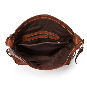 Brown leather tote bag interior view with multi-compartments and golden zippers