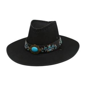 Western black cowboy hat with embroidered floral band and turquoise stone detail