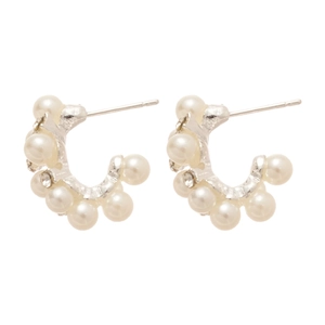 Elegant silver C-shaped hoop earrings featuring white pearls and sparkling rhinestones