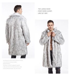 Front and back views of a men's faux fur long coat in grey-white with double-breasted detail