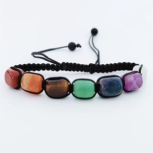 Colorful agate stone bracelet with rainbow beads and adjustable black braided cord