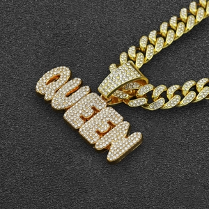 Hip hop style gold Cuban chain necklace with iced out QUEEN letter pendant for women