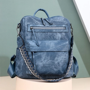 Sac à dos en cuir PU bleu vintage avec bandoulière tissée ondulée et multiples poches