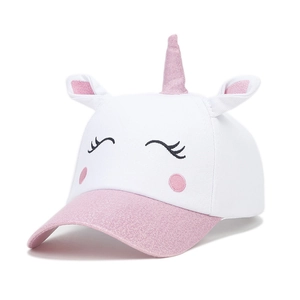Detailed embroidery of unicorn face with pink glitter brim on white cotton baseball cap