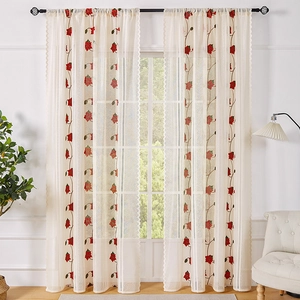 Modern beige semi-sheer curtain with red floral embroidery and elegant wavy lace edges