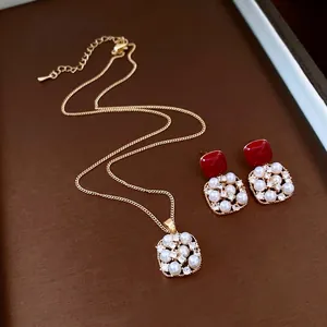 18k gold plated pearl necklace and earring set with square red vintage accents