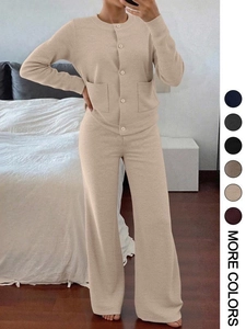 Cardigan En Tricot Côtelé Et Pantalon Large Femme Tenue Détente Boutonné Manches Longues Décontracté Maison Poche Couleur