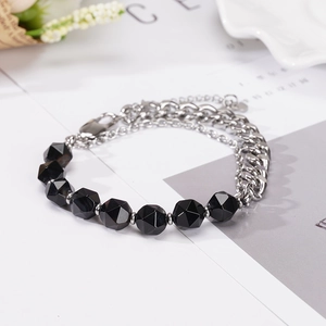 Mens stainless steel curb chain bracelet with faceted black onyx beads and lobster clasp