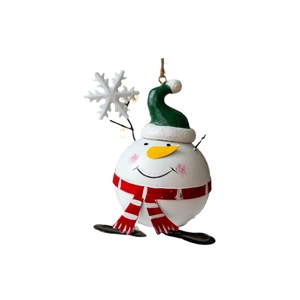 Christmas snowman hanging ornament with red scarf and green hat for holiday tree decoration