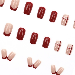 Square press-on nails in burgundy red, French style and British plaid patterns