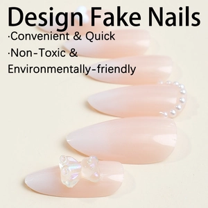 Almond gradient press-on nails with 3D teddy bear, butterfly motifs and pearl accents