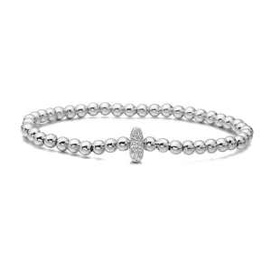 Close-up of a beaded bracelet featuring a zircon-encrusted oval letter charm on silver beads