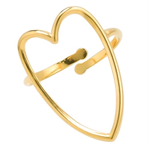 Detail shot of golden heart open ring showing hollow design and polished metal texture