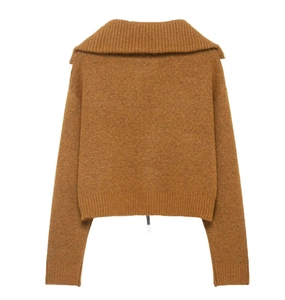 Vue détaillée du dos d'un blouson en maille marron avec large col polo élégant
