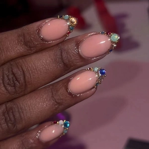 Press On Nails French Style Rhinestone Multicolored Gemstones Gold Glitter Oval False Nails For Women Reusable