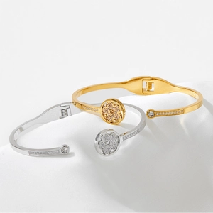 Adjustable stainless steel floral bracelets in gold and silver with zircon accents