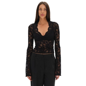 Slim fit black lace long sleeve top with deep V-neck and sheer floral patterns