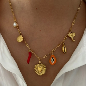 Bohemian Multi Charm Necklace 18K Gold Plated 316L Stainless Steel With Freshwater Pearl Enamel Chili Elephant For Women