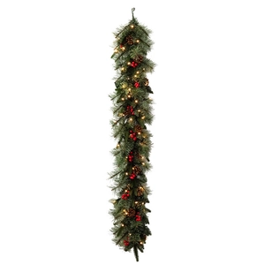 135cm Christmas garland with LED lights, green needles, pine cones and red berries