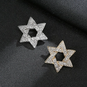 Men's fashion suit pins featuring gold and silver hexagram stars with full diamond rhinestones