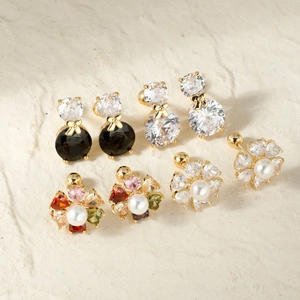 Zircon Flower Faux Artificial Pearl Stud Earrings With Copper Earring Post Sweet Bow Design Pastoral Jewelry For Women