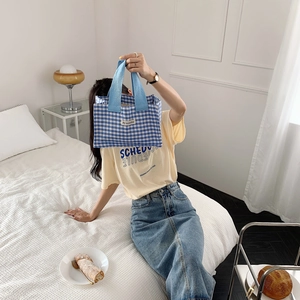 Detailed close-up of a blue and white checkered canvas lunch bag with a branded cloth label