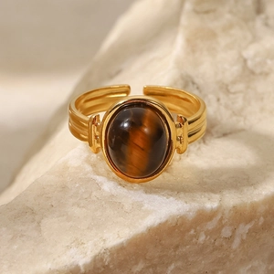 Oval Natural Stone Open Adjustable Ring Stainless Steel Gold Plated Vintage Retro Jewelry For Women Non-Fading