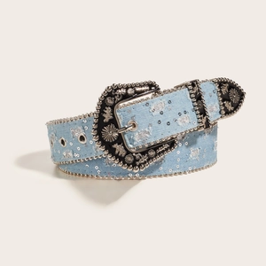 Light blue denim belt with silver sequins and engraved western metal buckle for women