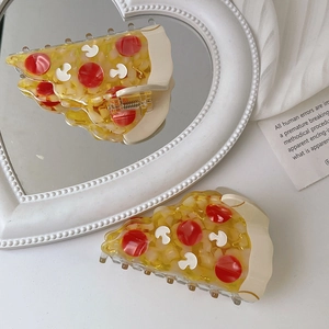 Creative pizza-shaped acetate hair claw clip with colorful topping design on heart mirror
