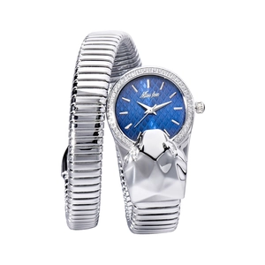 Macro shot of silver snake-shaped watch featuring a blue textured dial and crystal bezel