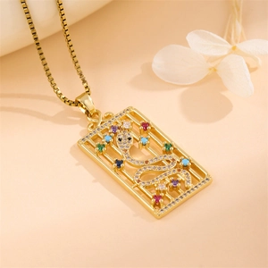 Gold plated snake square pendant necklace with colorful cubic zirconia on box chain