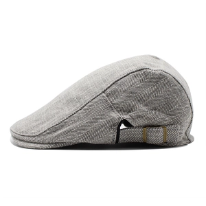 Classic grey herringbone flat cap for men with adjustable bronze metal buckle side detail