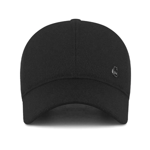 Winter men's warm black baseball cap with ear flaps and silver 'C' metal emblem