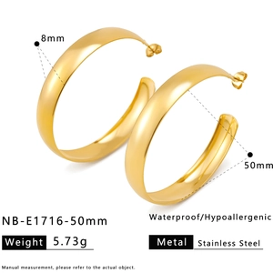 Detailed specs of 50mm gold-plated stainless steel hoop earrings showing size and weight